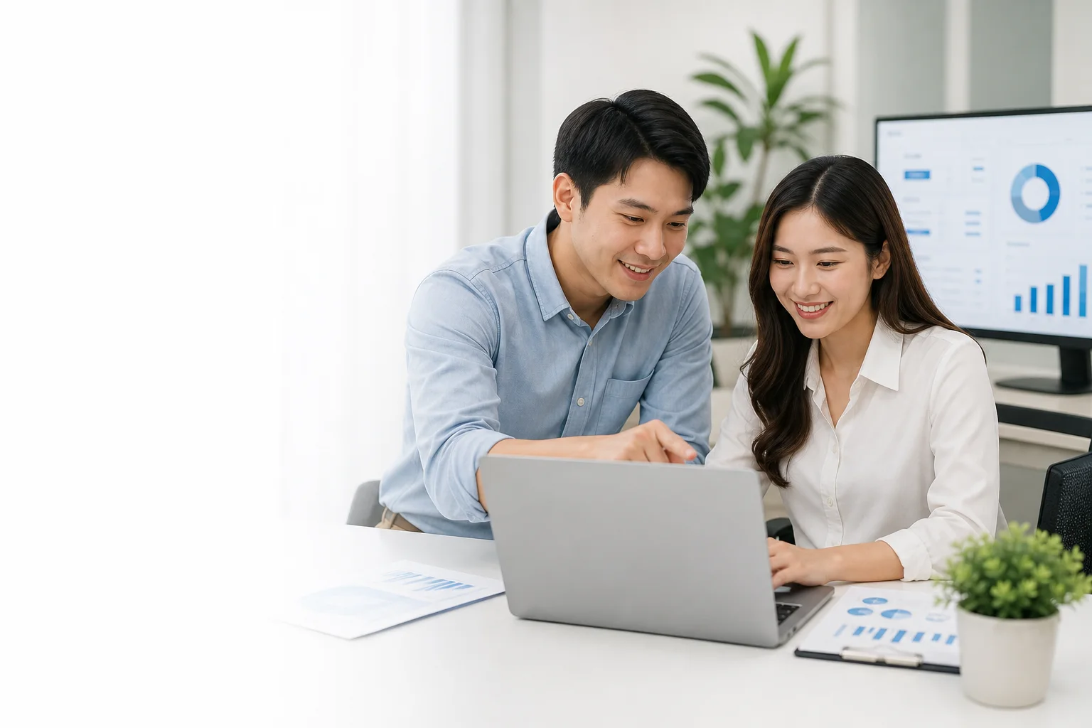 Hai đồng nghiệp trẻ cùng làm việc trên máy tính trong môi trường văn phòng