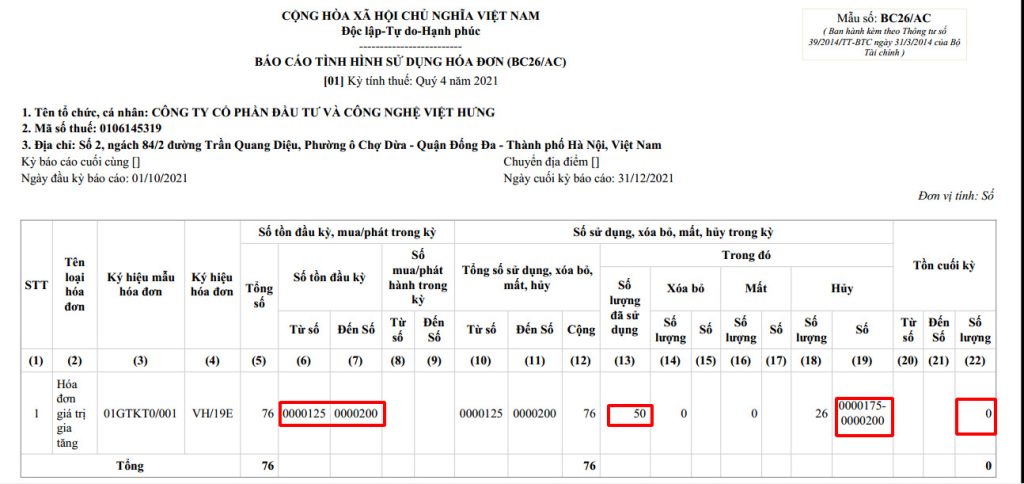 Ví dụ mẫu BC26/AC - chuyển đổi hoá đơn điện tử