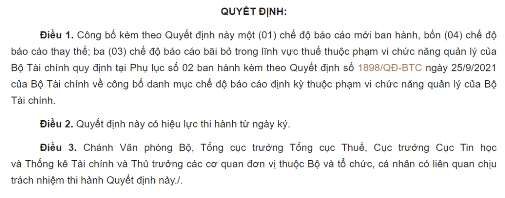 Quyết định 1421/QĐ-BTC 2022 Danh mục báo cáo định kỳ thuế 1 Nội dung Quyết định 1421/QĐ-BTC