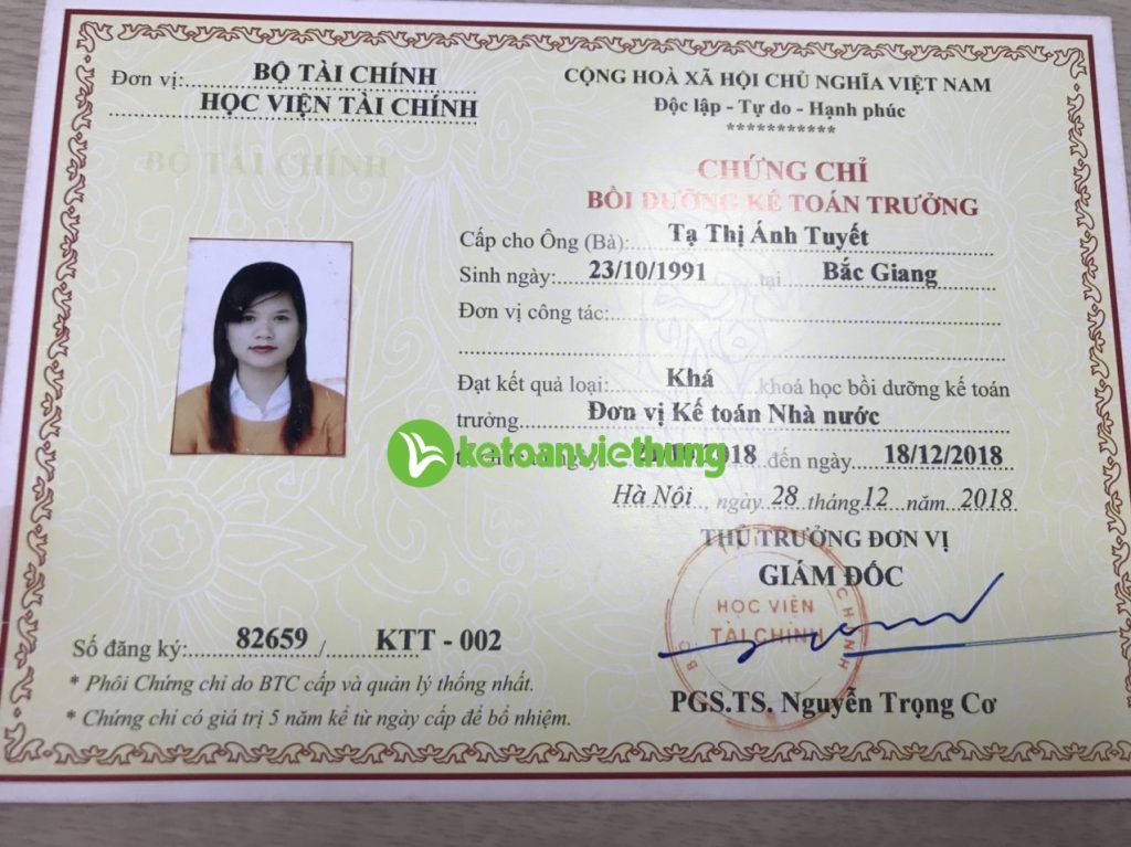 Tạ Thị Ánh Tuyết 3 Chứng chỉ bồi dưỡng kế toán trưởng