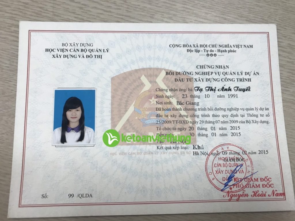 Tạ Thị Ánh Tuyết 7 Chứng nhận bồi dưỡng nghiệp vụ quản lý dự án đầu tư xây dựng công trình