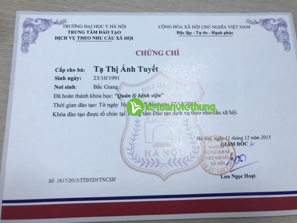 Tạ Thị Ánh Tuyết 8 Chứng chỉ hoàn thành khóa học Quản lý bệnh viện