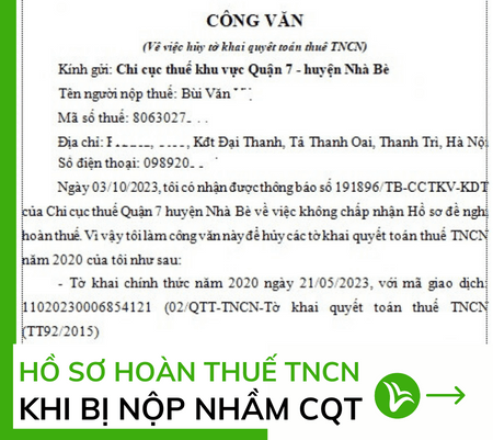 Cách xử lý khi hồ sơ hoàn thuế TNCN bị nộp nhầm CQT 17 hồ sơ hoàn thuế tncn
