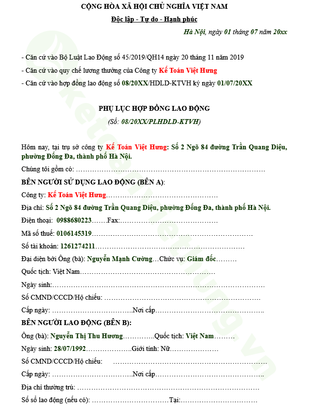Mẫu Phụ Lục Hợp Đồng Lao Động Mới Nhất Thực Tế 4 phụ lục hợp đồng lao động 2