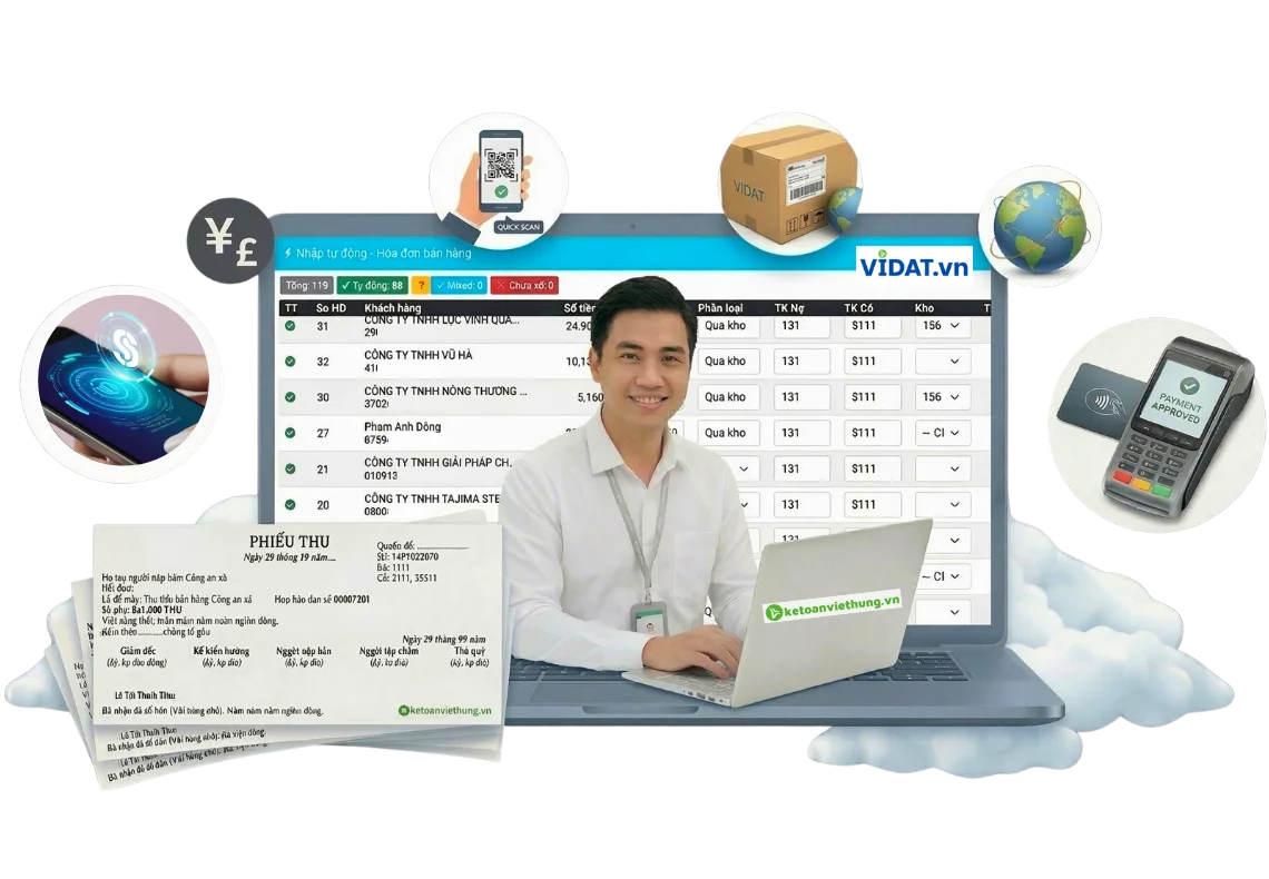 Màn hình nhập bán hàng và phiếu thu trên phần mềm VIDAT