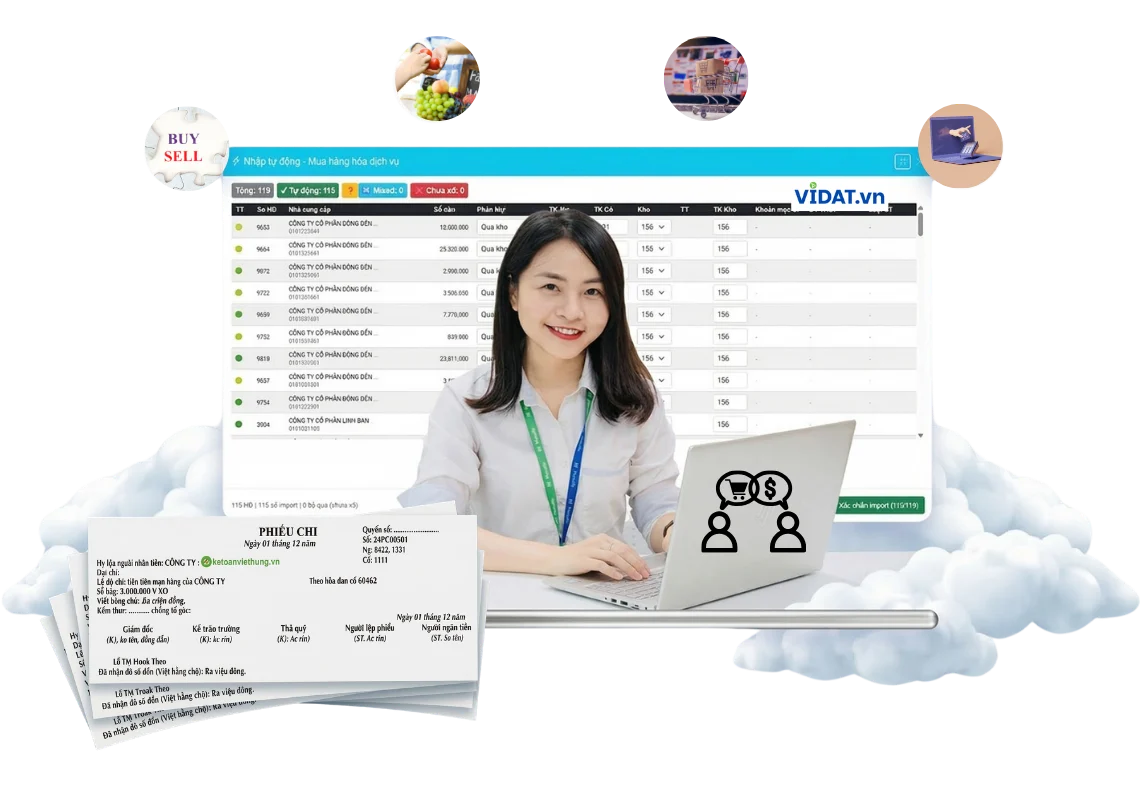 Màn hình nhập mua hàng và chứng từ trên phần mềm VIDAT